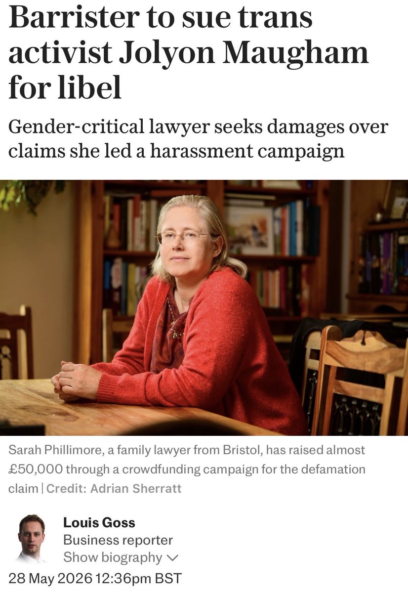 SpeechUnion's tweet photo. Gender-critical barrister Sarah Phillimore is suing Good Law Project founder Jolyon Maugham KC for libel.

Maugham — a prominent pro-trans campaigner — is facing legal action after Phillimore alleged he falsely accused her of harassing trans women.

The dispute stems from social media posts by Phillimore, which Maugham claimed had “led a campaign of harassment of a trans woman so wicked that she sought to take her own life”.

Phillimore has raised more than £50,000 through crowdfunding and is seeking £50,000 in damages, plus legal costs. She alleges that Maugham used his public profile and the Good Law Project to damage her reputation.

One of the posts in question featured a picture of a trans activist with the caption: “This man is not a woman. I am allowed to say this.”

The Good Law Project criticised Phillimore online and submitted a complaint to the Bar Standards Board. The regulator rejected the complaint, ruling that Phillimore was entitled to express gender-critical views.

Read more below 👇