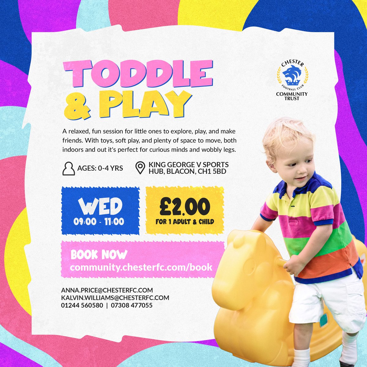 CFC_CommTrust's tweet photo. Join our Toddle & Play group - a fun morning of play for little ones, and a chance to relax and chat for parents and carers. 😊

👶 Ages 0–4
📍 King George V Sports Hub, Blacon
📆 Wednesdays | 09:00 - 11:00
💷 £2 (1 adult & child)

Everyone is welcome and there’s no need to book, so just drop in! 👋