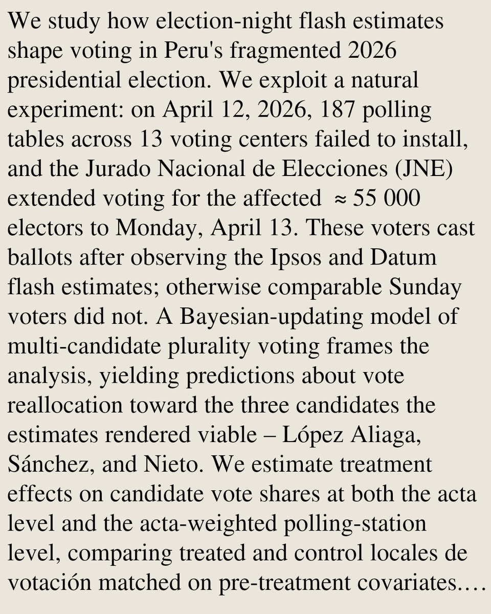 eBlogs's tweet photo. Information and voting: Evidence from Peru's 2026 presidential election

Marcelo Gallardo, Nicolas Velarde, Cristina Gutarra
https://t.co/CNaaAwQjYu [𝚎𝚌𝚘𝚗.𝙴𝙼] https://t.co/dIfBZFq7Ms