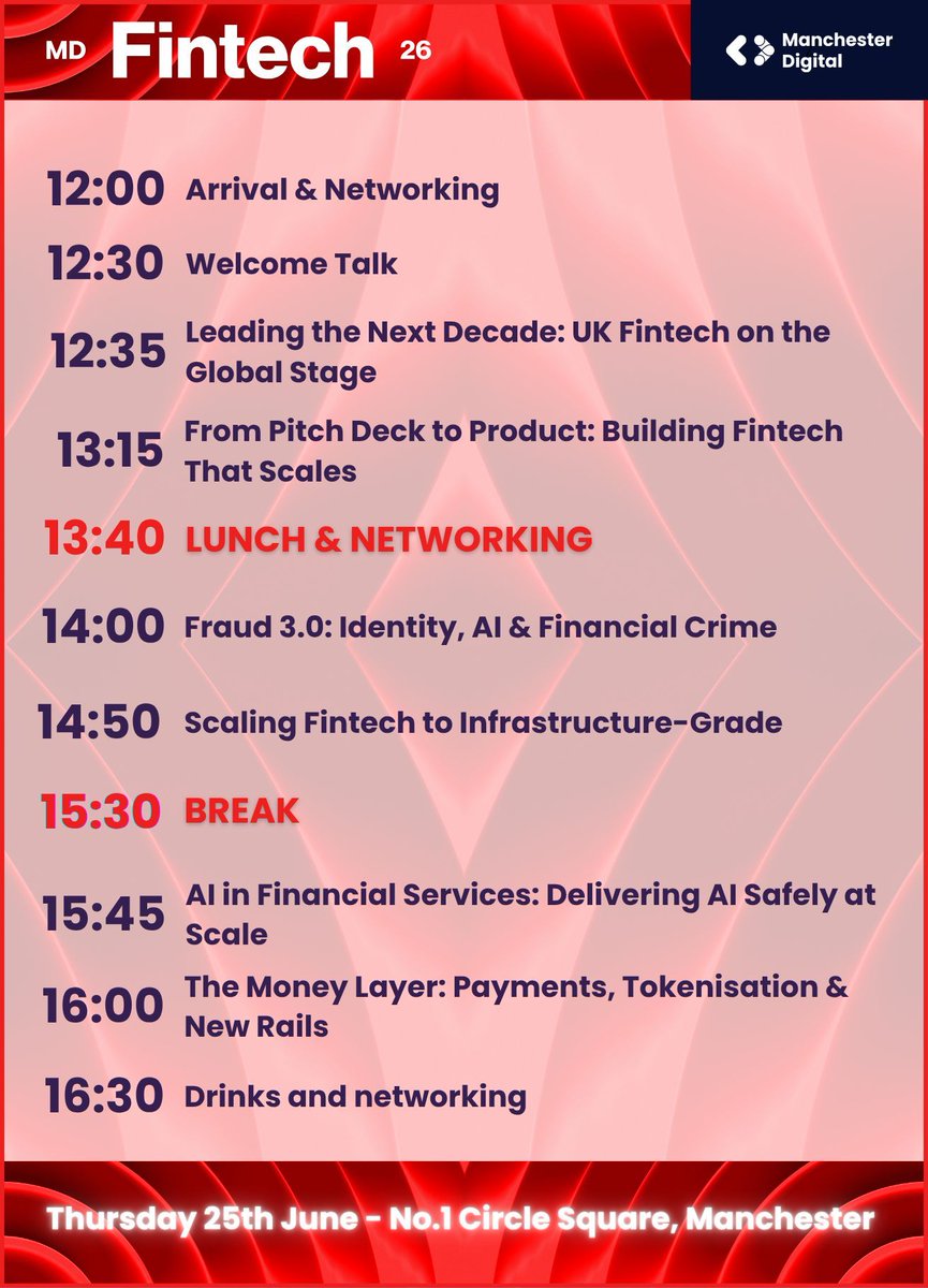 McrDig's tweet photo. MD Fintech 26 is fast approaching…check out what’s in store for the day 👇

Secure your space before it’s too late: https://t.co/UAtZtMl4HD https://t.co/KRN7h3UPfB