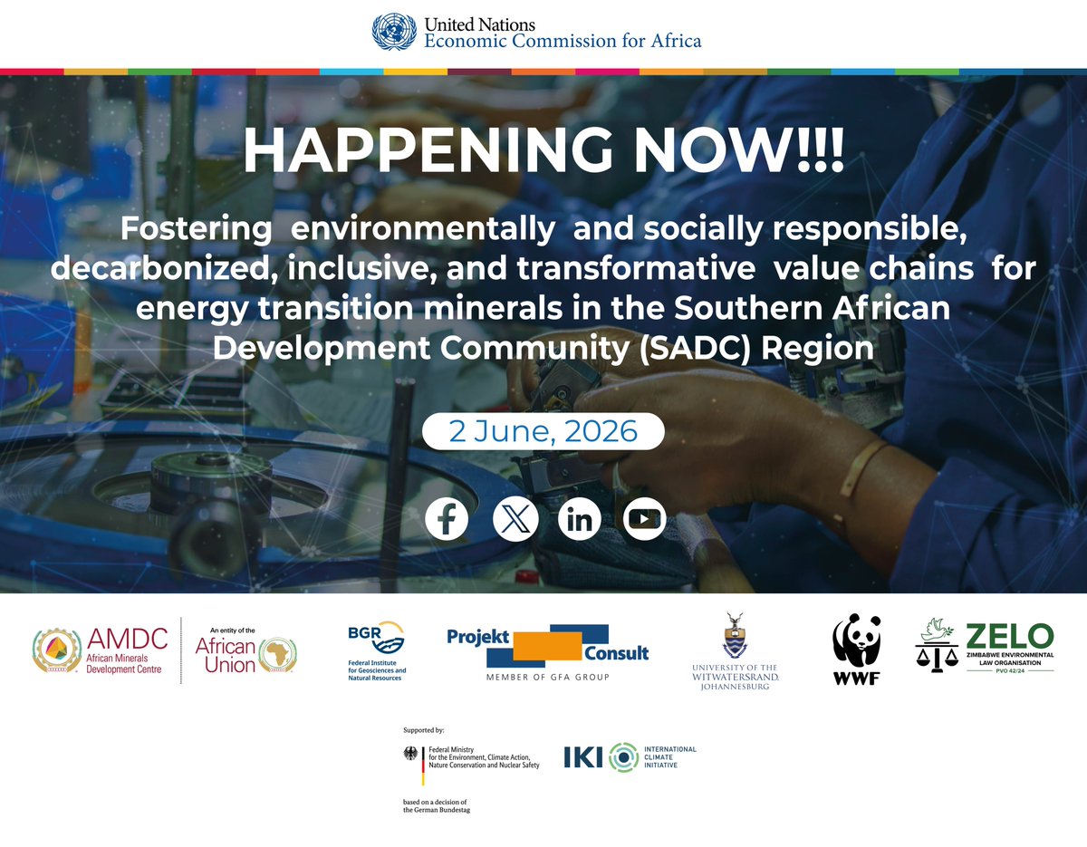ECASROSA's tweet photo. Happening Now!!! Launch of the Implementation of the Project on “Fostering environmentally and socially responsible, decarbonized, inclusive, and transformative value chains for energy transition minerals in the Southern African Development Community (SADC) region” at Radisson Blu Hotel, Lusaka, Zambia, 2nd June 2026.

The main objective of the launch event is to officially inaugurate the implementation phase of the regional CETM value chains project and strengthen stakeholder engagement, coordination, and ownership.
#SADC #CriticalMinerals #EnergyTransition