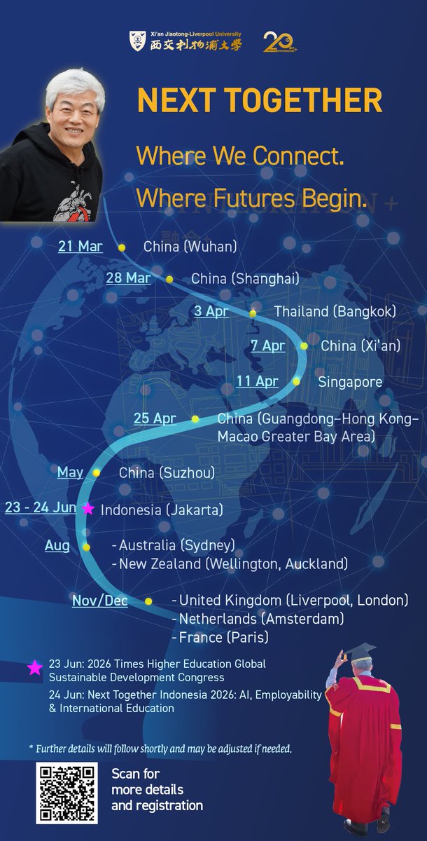 XJTLU's tweet photo. The Next Together comes to Jakarta! 🌏

Thrilled to bring the "Next Together" to Indonesia — another step in our journey to connect, collaborate, and shape the future with our partners and alumni across Southeast Asia.

📍 Jakarta, Indonesia
📅 23 - 24 June
Mark your calendar. See you in Jakarta!