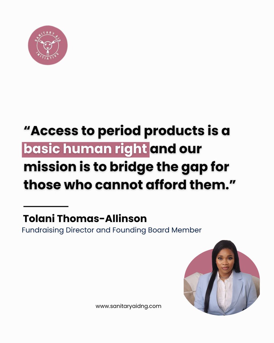 SanitaryAidNG's tweet photo. An ideal world means period products and education is free and accessible for all women and girls. 

At Sanitary Aid Initiative , it is our mission to make that ideal world happen. 

Thank you @tolanithomas for the beautiful reminder and for standing with us through it all ❤️ https://t.co/Hep0mE3WP5