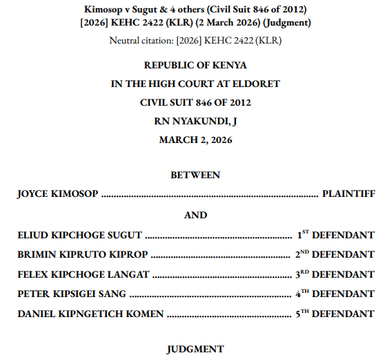 AssociatesRoba's tweet photo. 🚨🚨RT WIDELY: BREAKING: Wife Loses Bid to Cancel Land Sale as Court Finds Fraud Claims Were Not Proven

A long-running battle over matrimonial property ended in disappointment for a wife who sought to overturn the sale of land she claimed was jointly acquired during marriage. In Kimosop v Sugut & 4 Others, Joyce Kimosop moved to the High Court arguing that LR No. 86***/26 in Eldoret was matrimonial property held by her husband in trust for both of them and that its sale to third parties was fraudulent, lacked spousal consent, and violated land laws. The purchasers, however, maintained that she knew about the transaction from the beginning and had even been present during the preparation of the sale agreement. They further claimed that part of the sale proceeds had been paid out and that she benefited from the transaction, allegations she firmly denied.

After examining the evidence, the High Court found that the allegations of fraud did not meet the strict legal standard required to invalidate a registered land transfer. Justice R. Nyakundi noted that fraud is not presumed and must be specifically pleaded and strictly proved. While the plaintiff challenged documents connected to the transaction and disputed payments allegedly made to her, the court was not persuaded that the transfers were fraudulent or illegal. The judge also found insufficient evidence to support her claim that the land was held in trust for her or that the completed sale should be reversed.

The decision sends a significant message to spouses, land buyers, and property owners across Kenya. The court reaffirmed that serious allegations alone cannot defeat registered property rights without clear and convincing evidence. For spouses, the case highlights the importance of documenting beneficial interests in property during marriage. For purchasers, it offers reassurance that courts will protect completed transactions where fraud has not been proved. In short, the judgment underscores a central principle of land law: ownership records will not be disturbed unless strong evidence justifies the court's intervention.

Kindly retweet widely🙏🙏