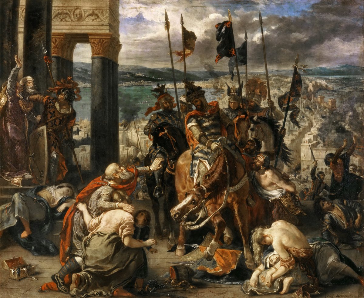 GodPlaysCards's tweet photo. This painting by Delacroix depicts the entry of the crusaders into Constantinople. 

In 1204 they sacked the greatest city in the Christian world. 

But what were Latin crusaders doing there, and why did they turn on their fellow Christians? 

I'll run you through it.

🔹 The crusade was never meant to come here. It was sworn to attack Egypt and march on to Jerusalem. Constantinople was a Christian capital and not a target at all.

🔹 Jerusalem had fallen to Saladin in 1187. The West wanted it back. Pope Innocent III called this new crusade to strike at Muslim power through Egypt.

🔹 The money fell apart first. The crusaders hired Venice to ship a vast army across the sea. Far fewer men turned up than promised, and they could not pay the bill.

🔹 Venice held all the leverage. The ships sat ready and the fleet had cost a fortune to build. The army was stranded on an island outside the city until the debt was settled.

🔹 Venice offered a way out. The blind old Doge, Enrico Dandolo, sent the army to capture the Christian town of Zara in 1202. The Pope excommunicated the whole crusade for it.

🔹 Then a Byzantine prince made an offer. Alexios Angelos wanted the throne his uncle had stolen. He promised silver, soldiers, and the submission of the Orthodox Church to Rome if the crusaders put him in power.

🔹 The offer was a fantasy. Alexios had spent years in exile and knew little of the city's real finances. He pledged sums no emperor could ever raise.

🔹 They took the bait. In 1203 they sailed to Constantinople and forced the prince onto the throne as Alexios IV. The treasury was empty and the promises were worthless.

🔹 The city turned on him. He taxed his people hard to pay the Latins camped outside the walls. In early 1204 a coup overthrew him and strangled him.

🔹 Now the crusaders had nothing. No patron, no payment, and a hostile city in front of them. So they decided to take it by force.

🔹 They had already agreed how to split the loot. A pact signed in March 1204 carved up the empire before a single wall had fallen. The sack was planned, not a moment of madness.

🔹 They broke through in April 1204. The sack lasted three days. Hagia Sophia was stripped bare, its altar smashed, its relics shipped west.

🔹 Bronze horses were torn from the hippodrome. They were shipped to Venice and still stand at St Mark's today. Much of the city's treasure never came home.

🔹 The wound never healed. A holy war against Muslims had destroyed the heart of Eastern Christianity over a debt. The Greek world remembered it for centuries.

To make matters worse, some argue the sack weakened the empire so badly it never truly recovered. That left it vulnerable when the Ottomans came knocking two and a half centuries later, and in 1453 the city finally fell.