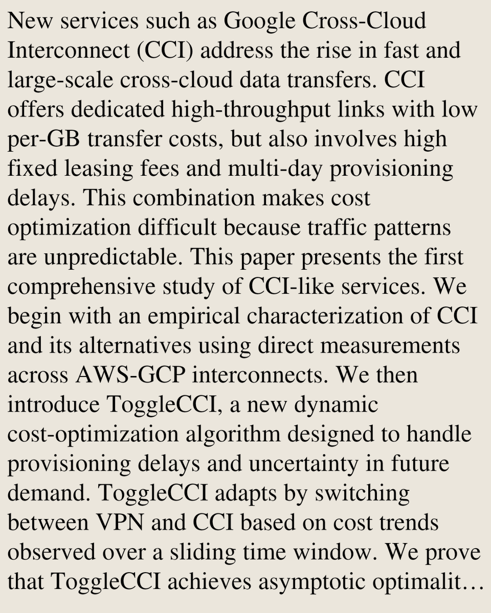 USB's tweet photo. Understanding Cross-Cloud Interconnects: Hands-On Measurements and Cost Optimization

Eitan Eliav, Isaac Keslassy, David Breitgand, Dean H. Lorenz, Avi Weit
https://t.co/8nXtX2Zn7r [𝚌𝚜.𝙽𝙸 𝚌𝚜.𝙳𝙲]
💬Accepted to IEEE CLOUD 2026 https://t.co/HI2QjQZ3YO