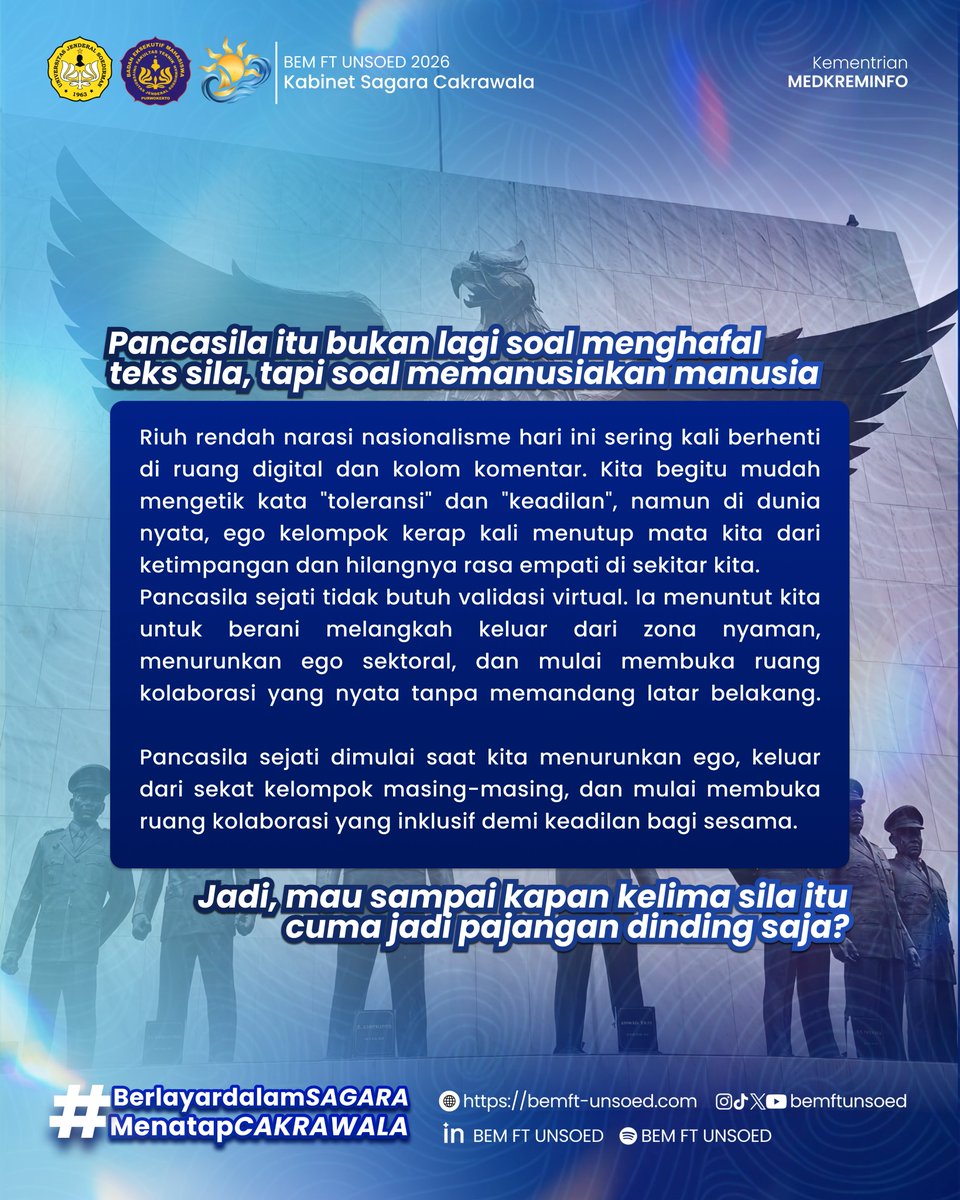 bemftunsoed's tweet photo. [SELAMAT HARI LAHIR PANCASILA]

Pancasila bukanlah warisan beku yang sekadar kita kagumi secara historis. Ia adalah kompas dinamis yang menuntut pembuktian konkret dalam setiap aspek kehidupan dan pengambilan keputusan. https://t.co/QC2CgI0DDo