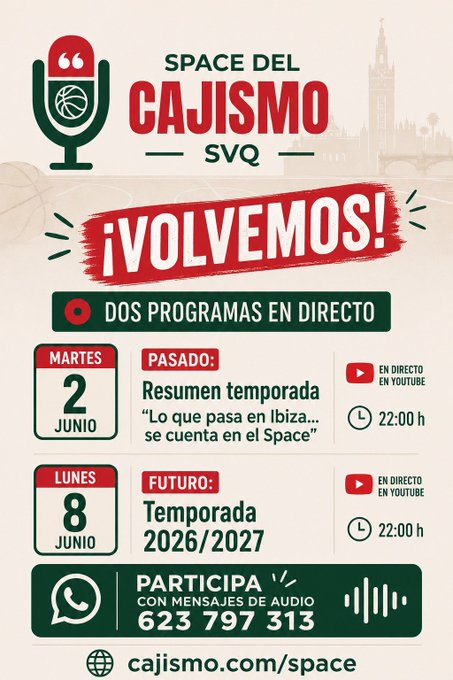 SpaceCajismo's tweet photo. 🔥 ¡HOY VOLVEMOS A ESCUCHARNOS! 💚❤

Y queremos que PARTICIPES MÁS QUE NUNCA 🏀.

📲 Envía tus MENSAJES de AUDIO por WHATTSAPP al  623 797 313 https://t.co/PLx1BveYmh 

Te esperamos a las 22h en Youtube: 
https://t.co/Nn4jZq7LyM https://t.co/VsbxZj4R9D