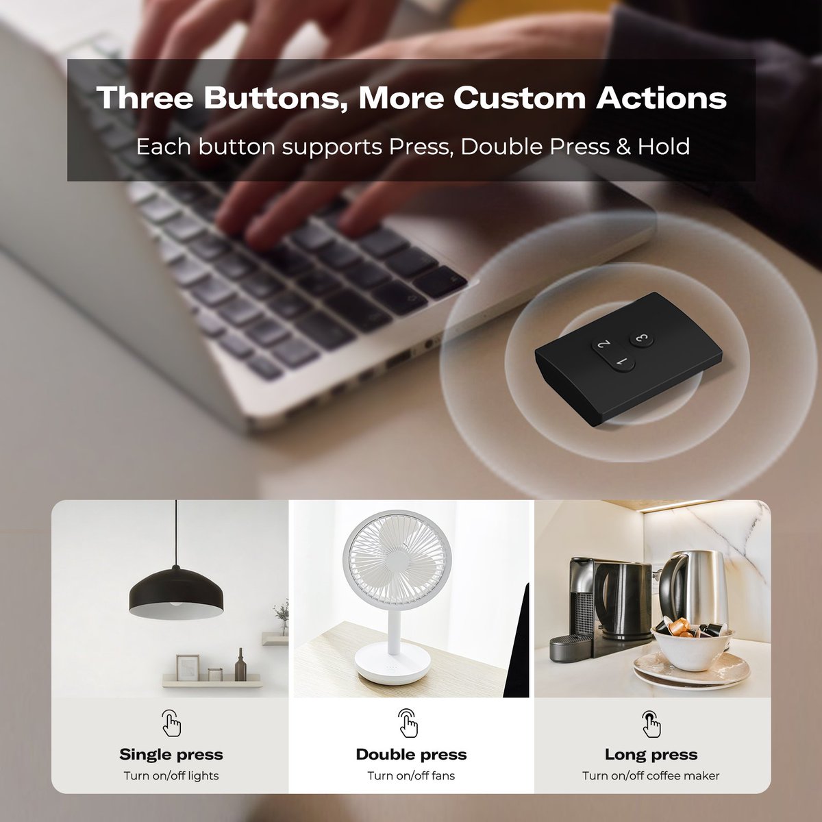 ThirdRealityInc's tweet photo. 🔘Smart Button ZB2  — Control your smart home with a tap.

🔹 No wiring needed — place anywhere for easy access
🔹 Rechargeable lithium battery included for long-term use
🔹 Zigbee 3.0 — compatible with Home Assistant, SmartThings and Homey
🔹 Three wireless buttons, each with three actions: press, double press, hold

💡Simplify your daily routines
🛒https://t.co/IqwBlOXehT
#THIRDREALITY #SmartHome #Zigbee #HomeAutomation #SmartButtonZB2
