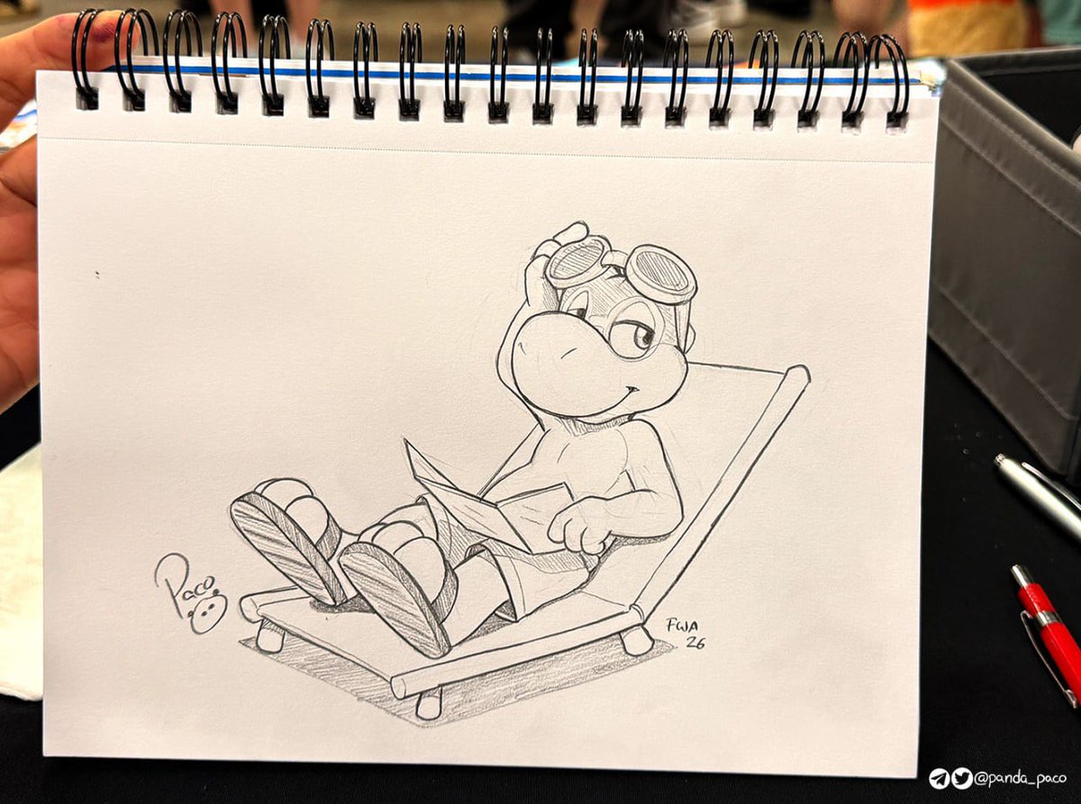 panda_paco's tweet photo. A blue Yoshi having a tanning session, I guess he’s trying to become purple by the end of summer. 

Drawing for @ThatYosh , done during FWA's Artists Alley https://t.co/2mpZvask5h
