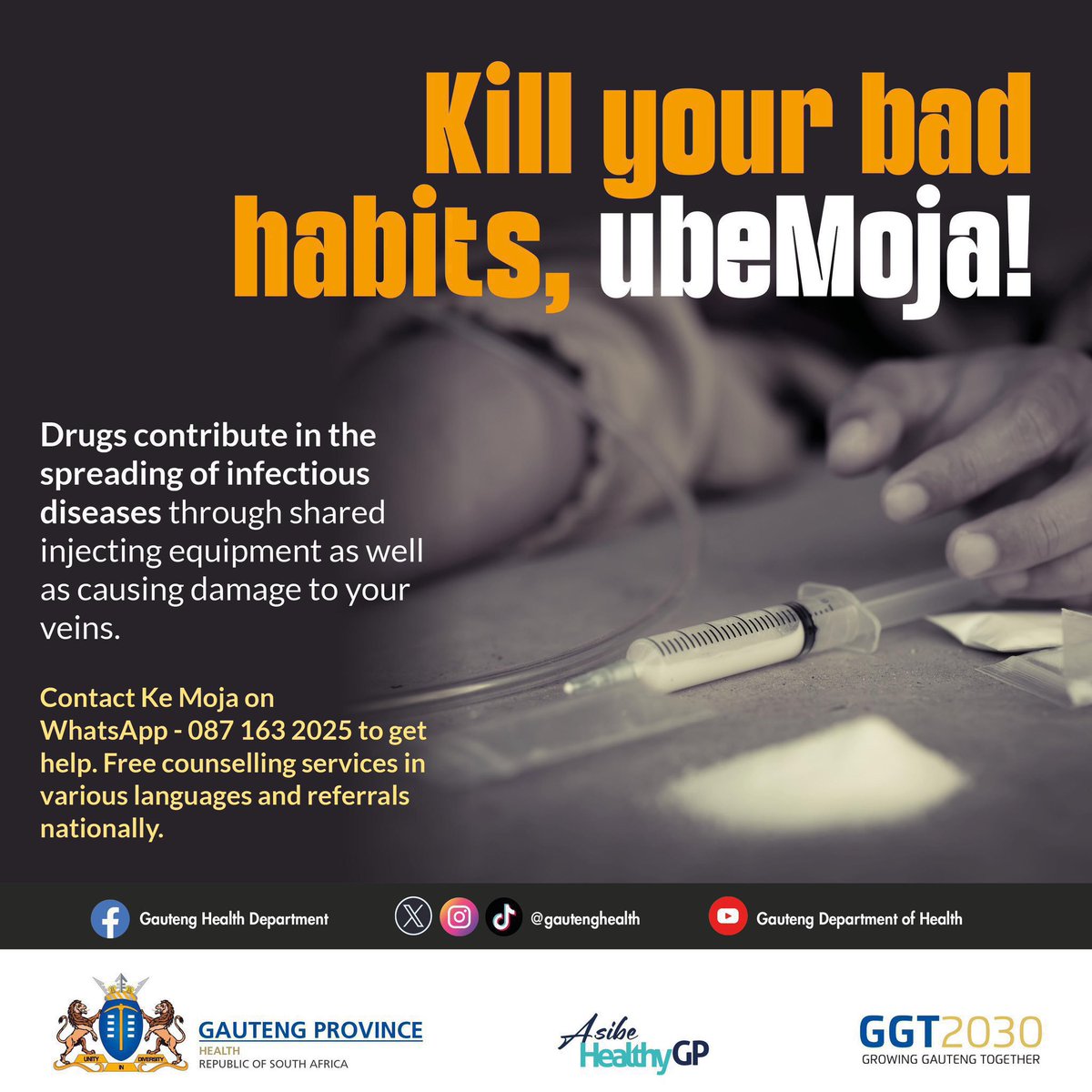 GautengHealth's tweet photo. Drugs contribute in the spreading of infectious diseases and have an impact on your health. Kill your bad habits and not yourself, get help today! #KeMoja #AsibeHealthyGP #DoNotDoDrugs https://t.co/x7Vz4Wwzdg