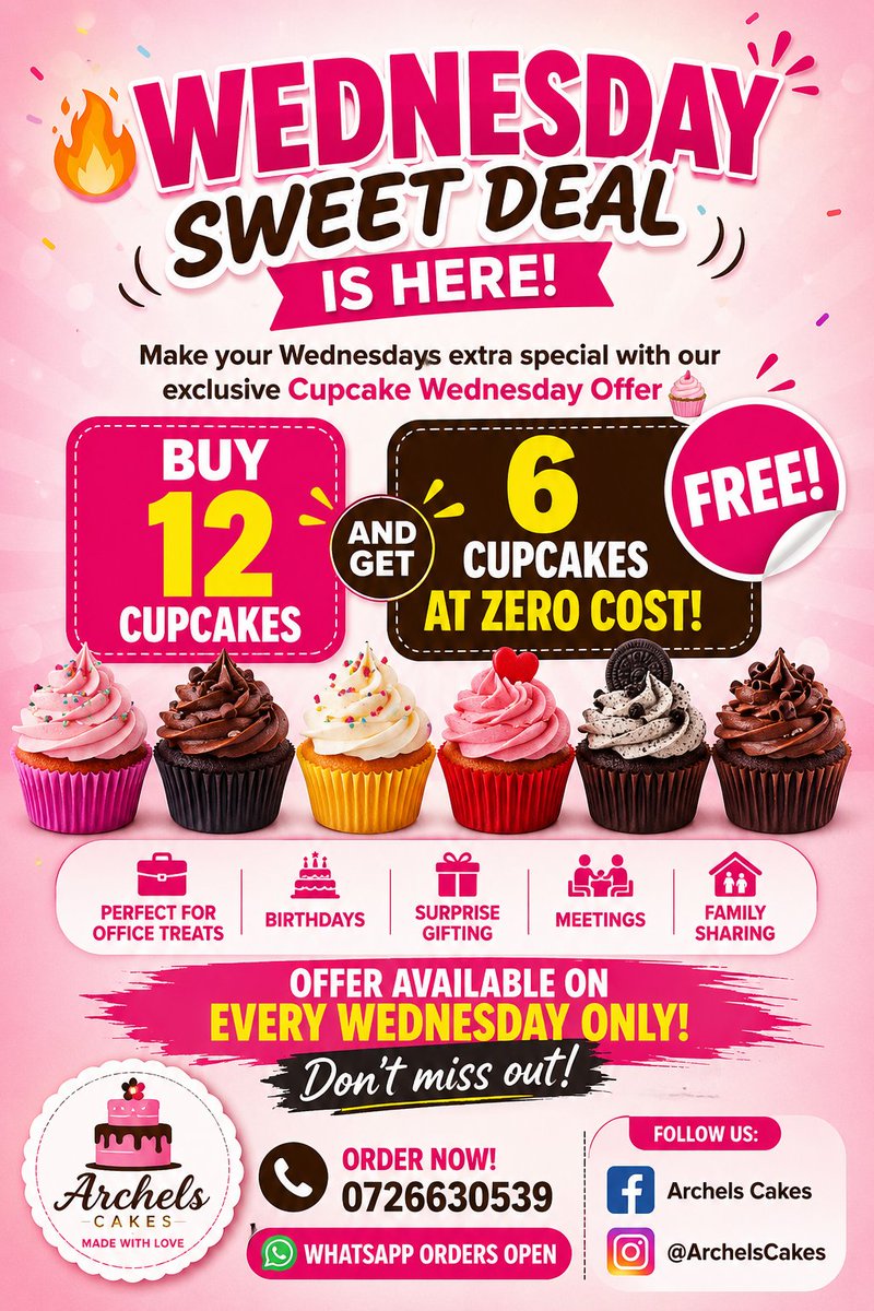 archelscakes's tweet photo. WEDNESDAY SWEET DEAL IS HERE!

Make your Wednesdays extra special with our exclusive Cupcake Wednesday Offer 
Buy 12 Cupcakes and Get 6 FREE! 
Fast, safe, and convenient delivery

Place your order today and let us sweeten your day with every bite 
Order Now: 0726630539 https://t.co/Z3ObIPSZ1e