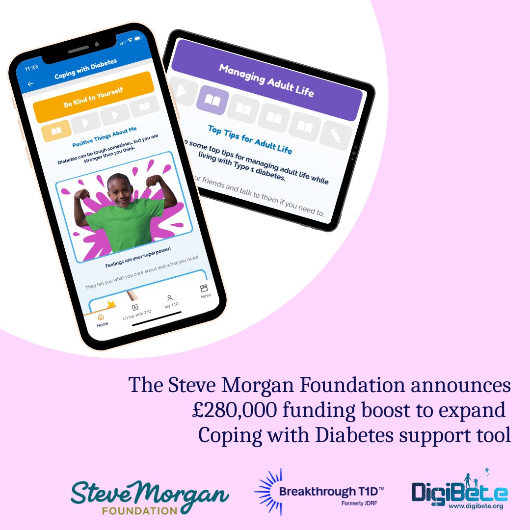 BT1DUK's tweet photo. We’re thrilled to share that the Steve Morgan Foundation has donated £280,000 to expand Coping with Diabetes, the psychological and wellbeing support tool for children and young people living with type 1 diabetes (T1D). 💙 

Co-created with @DigiBeteUK, the free to access tool brings together films, animations and interactive activities to help young people understand and manage the emotional impact of the condition. 

Research shows that young people living with T1D have a higher chance of developing mental health challenges, such as anxiety, depression and diabetes distress. Thanks to this incredible investment, we can reach even more young people with personalised, life-changing support when they need it most.

Read more: https://t.co/RRJm0kh2BY

#Type1Diabetes #T1D #CopingWithDiabetes