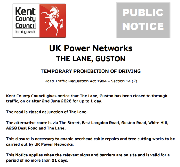KentHighways's tweet photo. Guston, The Lane: Road closed 2nd June for 1 day to allow for @UKPowerNetworks  cable repair and tree cutting works: https://t.co/9oUrc2Xi7l https://t.co/5z6XYLt81z