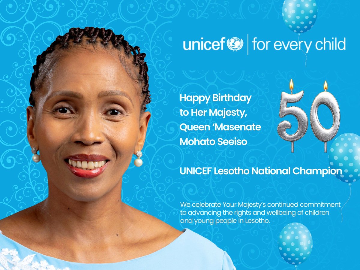 UnicefLesotho's tweet photo. Happy 50th Birthday to Her Majesty, Queen ‘Masenate Mohato Seeiso, UNICEF Lesotho National Champion.
Thank you for your unwavering commitment to advancing the rights and wellbeing of children and young people in Lesotho.💙 https://t.co/k29NZE28t5