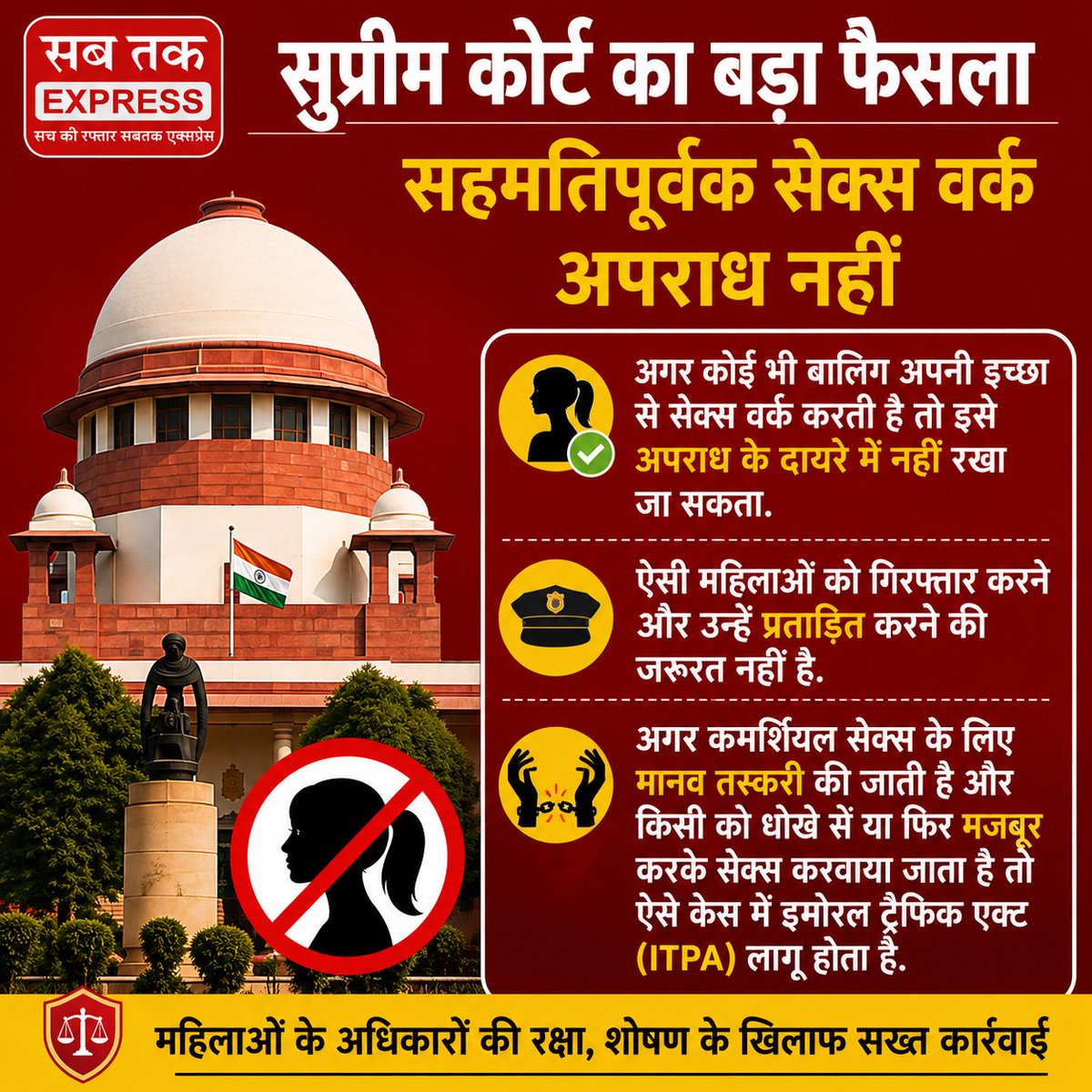 sabtakexpress's tweet photo. सुप्रीम कोर्ट का बड़ा फैसला
"सहमति से सेक्स वर्क अपराध नहीं"
#SupremeCourt #SexWork #SupremeCourtVerdict #WomenRights #HumanTrafficking #ITPA #LegalUpdate #IndiaNews #BreakingNews #SabTakExpress #CourtNews #JusticeForWomen #TrendingNews #ViralNews #NewsUpdate
#SupremeCourt #SexWork #SupremeCourtVerdict #WomenRights #HumanTrafficking #ITPA #LegalUpdate #IndiaNews #BreakingNews #SabTakExpress #CourtNews #JusticeForWomen #TrendingNews #ViralNews #NewsUpdate