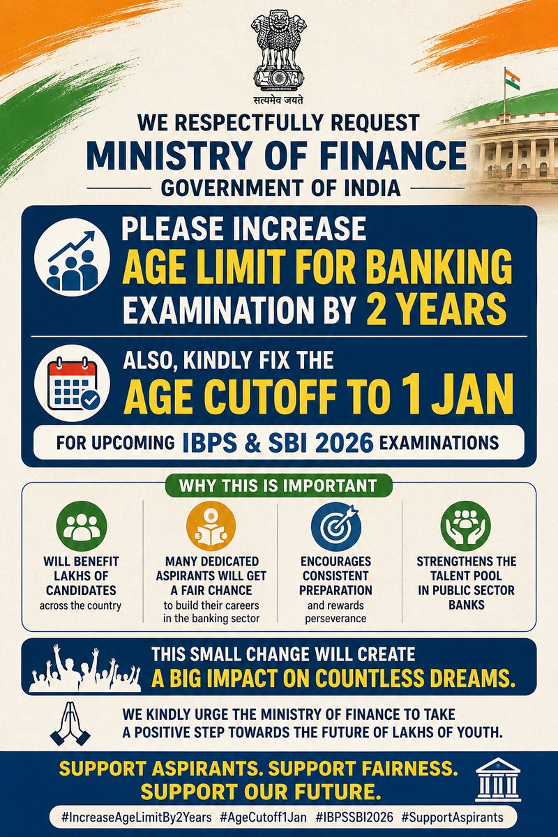 ShivamP60497's tweet photo. Inconsistent notification timelines shouldn't kill student dreams. We urgently need a 2-year age relaxation and a fixed 1st Jan cutoff for upcoming bank exams. 🙏 #FixIBPSAgeCutoffTo1stJan #AgeRelaxation #EqualOpportunity @DFS_India @FinMinIndia @PMOIndia @ibps_official @DoPTGoI https://t.co/6OPHdV0sEK