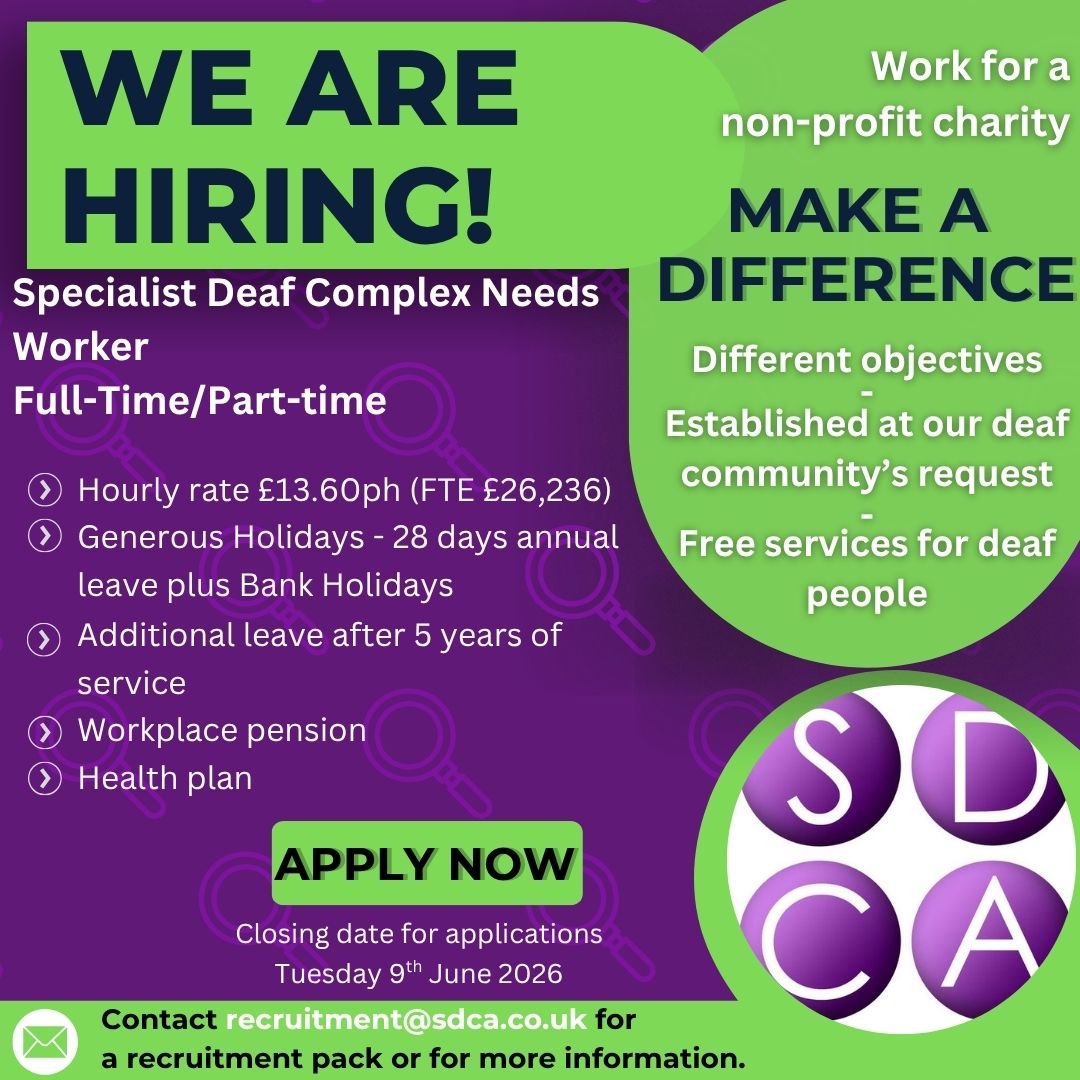 sandwelldeafcom's tweet photo. 📷 We’re Hiring at SDCA! 📷
We’re excited to announce we’re recruiting for an amazing position!
📷Specialist Complex Needs Worker (FT/PT)
For more details, check out the poster!
📷 Apply Now and Join Our Team!
#SDCA #JobOpportunity #Recruitment #Hiring #ComplexNeeds #JoinOurTeam https://t.co/PIKV7o1qFJ