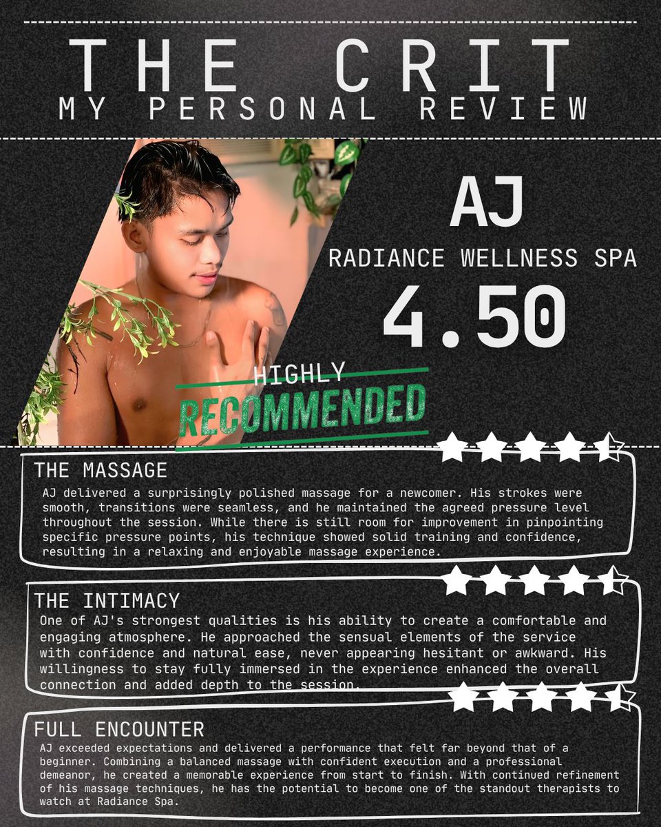 YourCritReview's tweet photo. Tried Radiance Spa's newest therapist, AJ, and let's just say "newbie" doesn't seem like the right word. Confident hands, zero awkwardness, and a performance that kept me engaged from start to finish.

@Radiance_banawe @JayjayVena68505 
#MassageReview #AlterMassage
#Masahista https://t.co/57wBmSfFzM