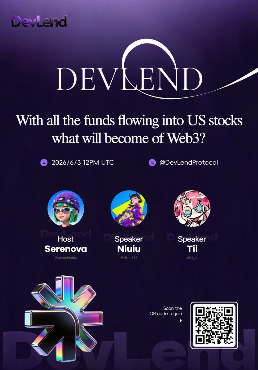 DevLendProtocol's tweet photo. 🚀DevLend Space

With all the funds flowing into US stocks what will become of Web3?

Join us for a crucial discussion on the future of on-chain capital in the AI + Web3 era.

🗓 June 3, 2026
🕛 12:00 PM UTC

Host: @bluechipbiz 
Speakers: @Niuiu666 & @t1_tii

join the Space 👇
https://t.co/BWeKSwqrCd

#DevLend #Web3 #DeFi #AIAssets