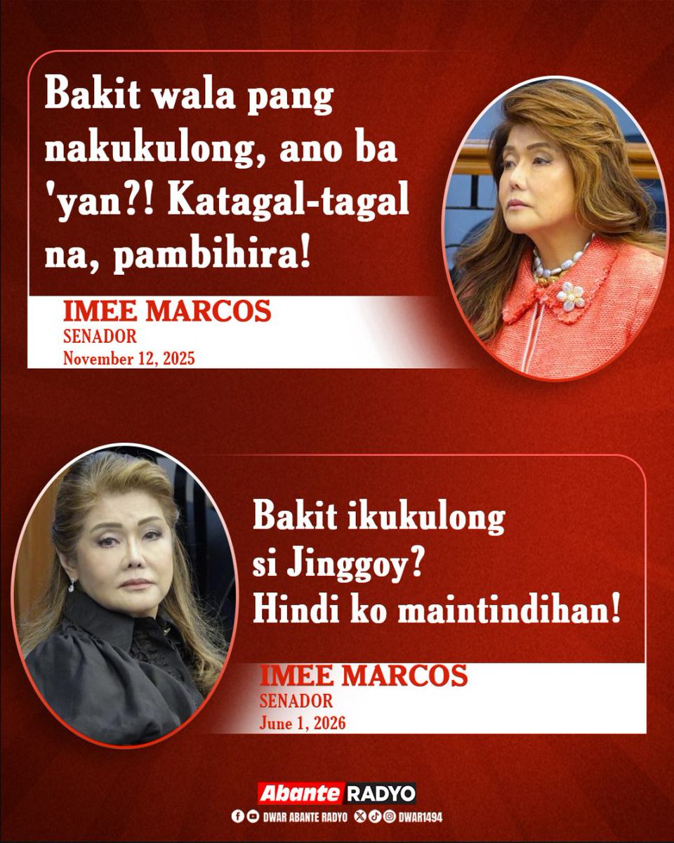 DWAR1494's tweet photo. IMEE VS. IMEE?

Umani ng iba't ibang reaksiyon mula sa netizens ang pahayag ni Sen. Imee Marcos kaugnay ng pag-aresto kay Sen. Jinggoy Estrada noong Lunes, June 1, hinggil sa kasong plunder at graft na may kaugnayan sa umano’y anomalya sa mga flood control project. Hindi raw kasi naiintindihan ng Senadora kung bakit inaresto si Estrada ng mga tauhan ng PNP-CIDG.

Matatandaang kabilang si Marcos sa mga unang nanawagan na papanagutin at ipakulong ang mga sangkot sa umano’y malawakang flood control scandal, kung saan ipinahayag pa nito ang kanyang pagkadismaya na wala pa ring napapanagot sa kabila ng sunod-sunod na imbestigasyon.