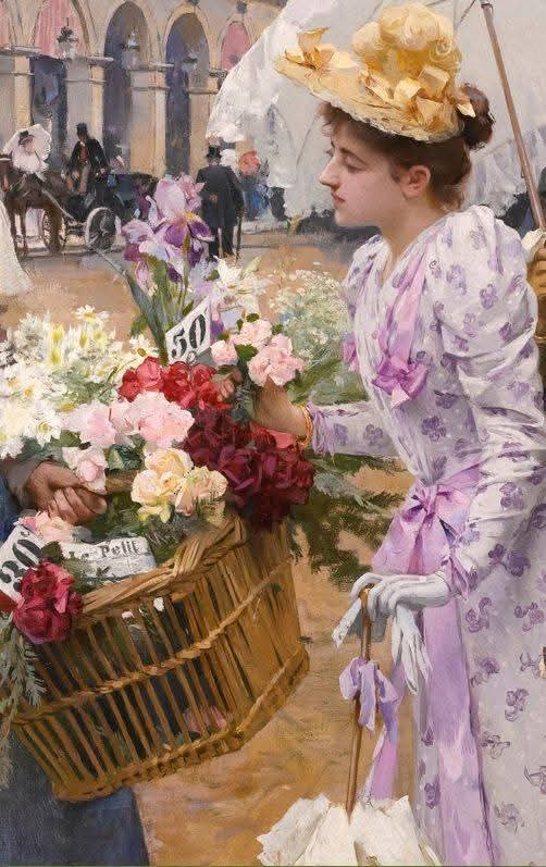 GalvanPero55796's tweet photo. "The Flower Seller - Rue de Rivoli", (1892), + Details 
Oil on canvas 73 x 92 cm. 
By French artist Louis Marie de Schryver.
The painting exceptionally captures the elegant life of the privileged and working classes in [Belle Époque] Paris. 

📌 Sotheby's, New York https://t.co/TbmgNao81v