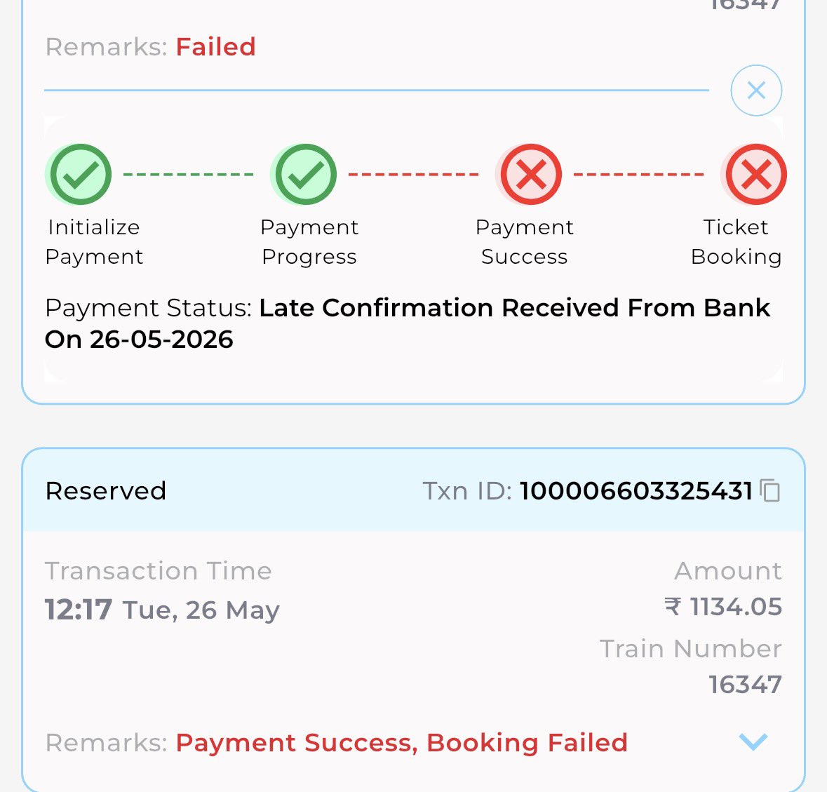 mdsharshad's tweet photo. @RailwaySeva - The attached transaction failed on 26 May; however, as of today, the refund has not yet been credited back to the source account from which the amount was debited.

Kindly look into this matter and assist with the refund at the earliest.

Thank you. https://t.co/cMqnsLDCJz