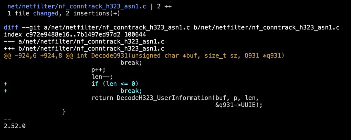 GuanniQu's tweet photo. found a remotely triggerable out-of-bounds read in the Linux kernel's H.323 connection tracking parser (CVE-2026-23455, CVSS 9.1 Critical). no authentication. no privileges. send a packet and the kernel reads memory until it hits an unmapped page. this code has been reachable from the network since 2007.
H.323 is a VoIP signaling protocol from the 1990s that refuses to die. it predates SIP. it's the protocol your office phone system was probably running before someone migrated to Teams, and in a lot of places nobody migrated. telecom carriers still use it for trunk signaling. hospitals run it for nurse call systems and overhead paging. hotels use it for room phones. building intercoms, elevator emergency phones, courtroom recording systems, prison phone networks, air traffic control voice switches. I keep finding it in places where I'm like, who is maintaining this, and the answer is always nobody, it just works. scariest sentence in infra.
every Linux firewall or NAT gateway that handles this traffic loads nf_conntrack_h323. full ASN.1 PER decoder. inline in the kernel. parsing untrusted packets from the network in kernel context. the module exists because H.323 uses dynamic port allocation for media streams so the firewall needs to understand the signaling to open the right ports. it auto-loads when H.323 traffic hits a conntrack rule. on many distributions it's loaded by default. you don't configure this or opt into this. someone behind your gateway plugs in a phone and now you have an ASN.1 parser in your kernel processing packets from the internet. the attack surface is a UDP packet to port 1719 or a TCP connection to port 1720 on any Linux machine doing NAT for a network that might have a phone on it somewhere. the parser runs before the packet reaches userspace, and there is no firewall rule that helps because the firewall itself is the thing running the vulnerable code.
DecodeQ931() processes Q.931 signaling messages. the UserUserIE code path reads a 16-bit length from the packet and decrements it by 1 to skip the protocol discriminator byte:
len = (buf[p] << 8) | buf[p+1] p++; len-- return DecodeH323_UserInformation(buf, p, len, ...)
if the encoded length is 0, len-- wraps to -1. len is a signed int. -1 gets passed to the decoder, which interprets it as a very large positive value and walks through memory far past the end of the packet buffer. the decoder iterates through ASN.1 fields, following structure, dereferencing pointers, until it hits an unmapped page or a parse error. one malformed packet, unbounded kernel memory disclosure. depending on slab layout the adjacent memory could contain kernel pointers that defeat KASLR, crypto keys, credentials from other processes, fragments of network packets belonging to other users.
so the programmer who wrote this in 2007 was implementing RFC 2225. the RFC says the UserUserIE field contains a protocol discriminator byte followed by a variable-length body. the discriminator is always present. so len-- is always safe because len is always at least 1. the RFC says so. the protocol guarantees it. the wire does not care about your protocol guarantees. the wire is untrusted input. but once you've internalized "there's always a discriminator byte" the decrement looks like bookkeeping, and every reviewer after you internalizes the same thing because the code reads naturally and the RFC agrees and nobody is going to stop and ask "but what if len is zero" because the protocol says it can't be.
the code is wrong because the programmer understood the protocol. someone who understood H.323 less might have added a defensive check, but someone who understood it perfectly trusted the wire to be well-formed. a reviewer who also understands the protocol reads len-- and sees bookkeeping. the bug is invisible to expertise. you can only see it by distrusting the wire unconditionally, which means ignoring what you know about the protocol. I don't have a clean answer for how you systematize that.
static analyzers can't flag it because every individual operation is valid. the length read is bounds-checked. the decrement is legal C. the function call is type-correct. fuzzers might hit it if they generate a zero-length UserUserIE but protocol-aware fuzzers tend to generate valid protocol structures, which means len >= 1, which means they systematically avoid the one input that triggers the bug. the tool that finds this is a human reading code and asking "what if this value is zero" at every arithmetic operation on untrusted input. boring question. answer is almost always nothing. the 1% where it isn't nothing is a 9.1 Critical and you have no way to know which 1% until you've asked everywhere.
protocol-specific conntrack helpers get written once for a deployment need. they work. they ship. then they sit in the kernel for two decades because the protocol still exists somewhere and removing the module would break someone's phone system in a hospital basement. nobody is reading the code for bugs. they're keeping it compiling. eighteen years. 9.1. if (len <= 0) break;.
originally reported by @VidocSecurity (Klaudia Kloc and Dawid Moczadło). I confirmed, reproduced, and patched it. patched in stable 5.10–6.19.