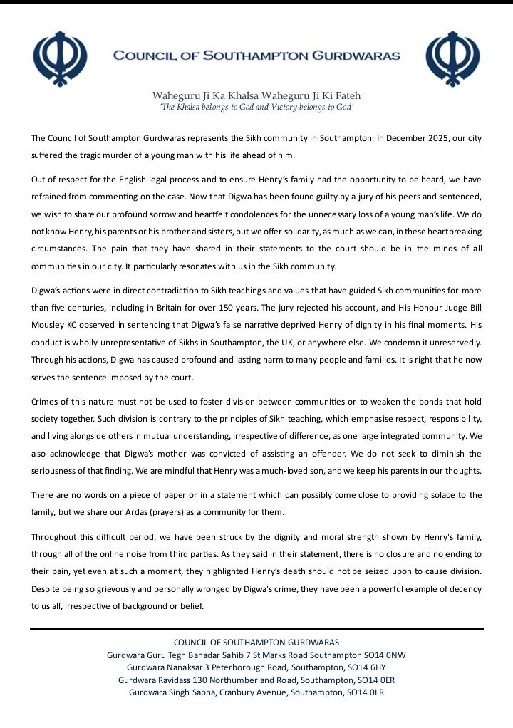 SikhPA's tweet photo. "We offer solidarity...we share our Ardas (prayers) as a community for them"

A statement from The Council of Southampton Gurdwaras has been released which illustrates local community sentiment around the tragic Henry Nowak murder case and the resulting fallout. https://t.co/0tCCdRC4Q0