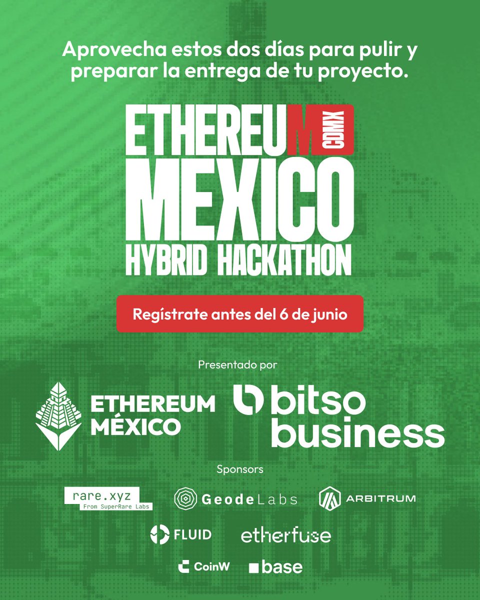 ethereum_mexico's tweet photo. 🚨 El Hackathon Online sigue abierto. 
Entrega tu proyecto antes del 6 de junio  
👉 https://t.co/3VfO2bnStu https://t.co/HqFtWnn5RD