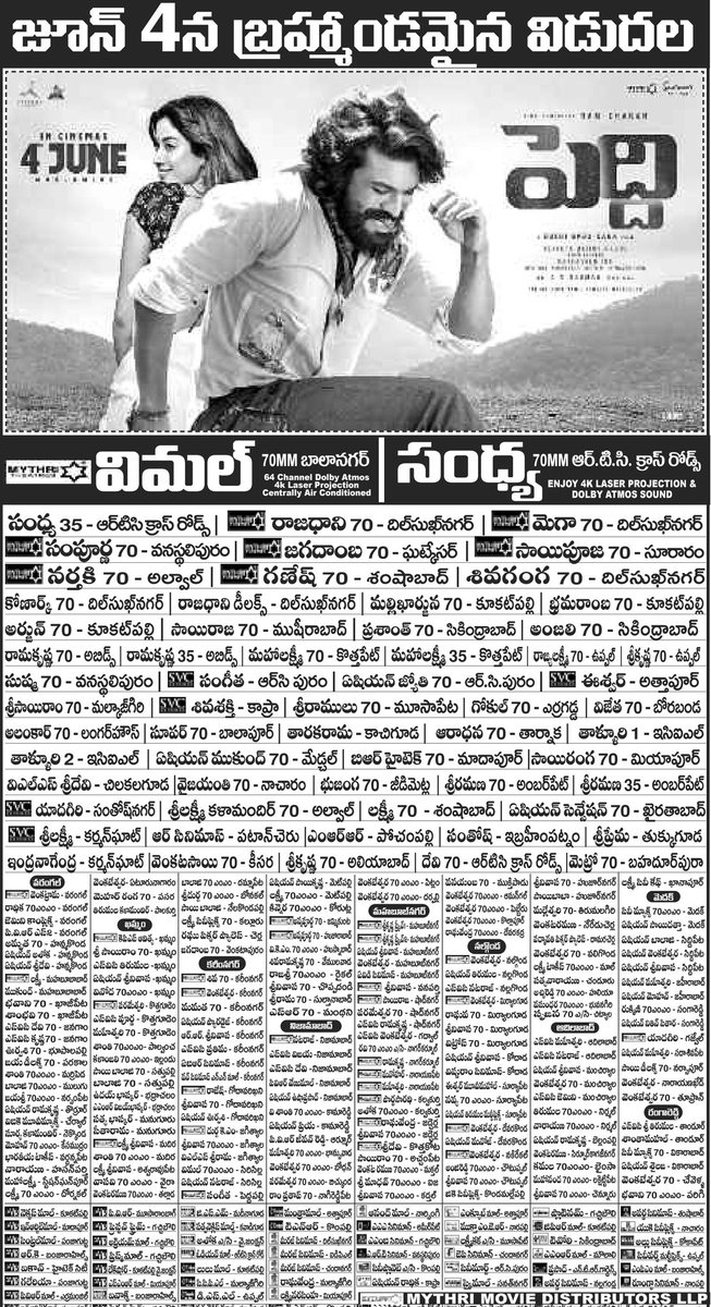 TMSRUpdates's tweet photo. #TMSRUpdates 💥

#Peddi Grand Releasing From June 4th 💥

Nizam Theatres Chart

Mega Power Star @AlwaysRamCharan @NimmaShivanna #JanhviKapoor @BuchiBabuSana @arrahman @RathnaveluDop @artkolla @NavinNooli @IamJagguBhai @divyenndu @vriddhicinemas @MythriOfficial @SukumarWritings https://t.co/SVhdrYme4t