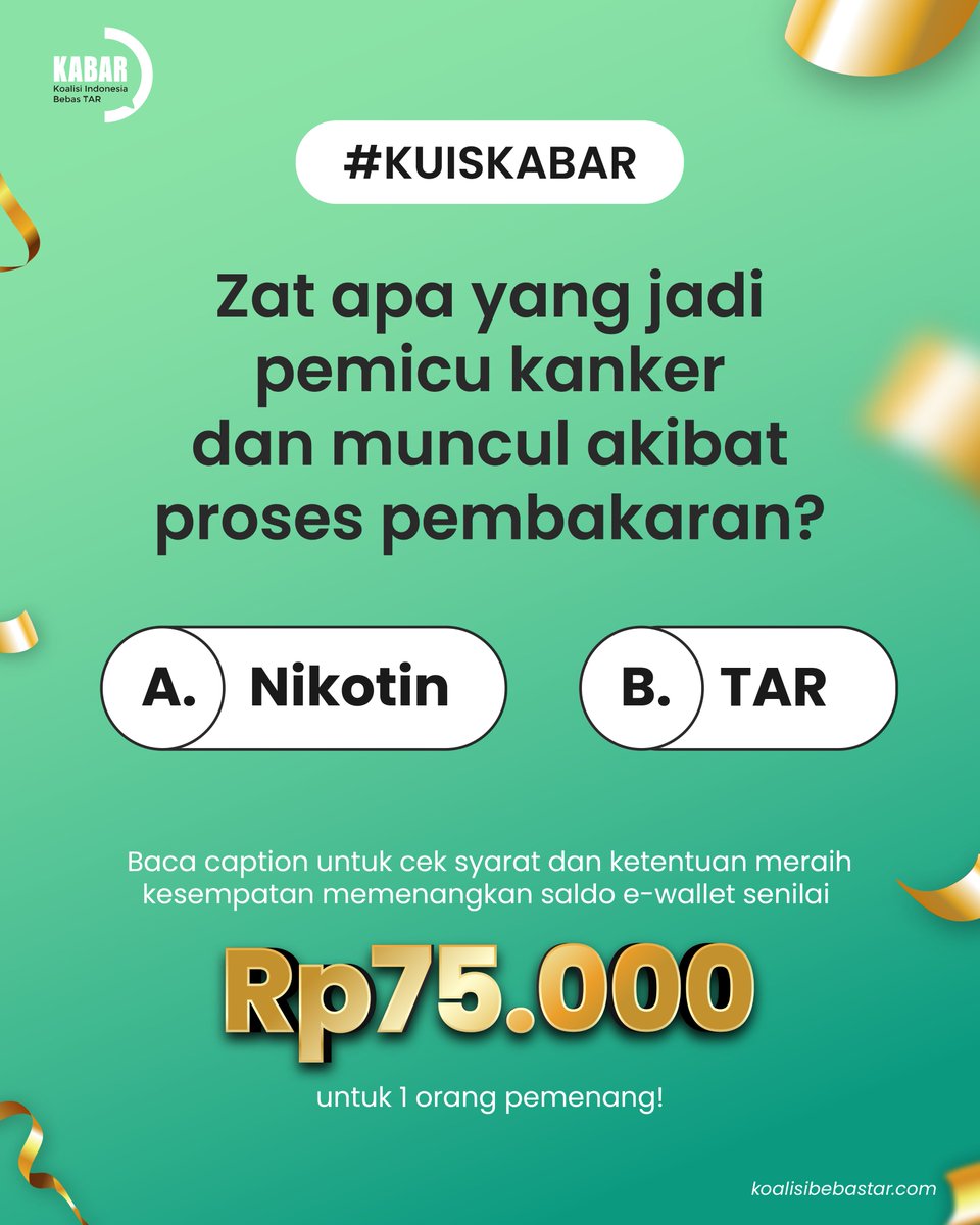 koalisibebastar's tweet photo. Zat inilah yang jadi pemicu kanker dan muncul akibat proses pembakaran. Sudah tahu jawabannya? Tulis jawabanmu di kolom komentar dan raih kesempatan memenangkan saldo e-wallet senilai Rp75.000 untuk 1 orang pemenang!​

​#BicaraSebenTAR #KoalisiIndonesiaBebasTAR #KABAR #Giveaway #quiztime #infokuis #giveawayalert