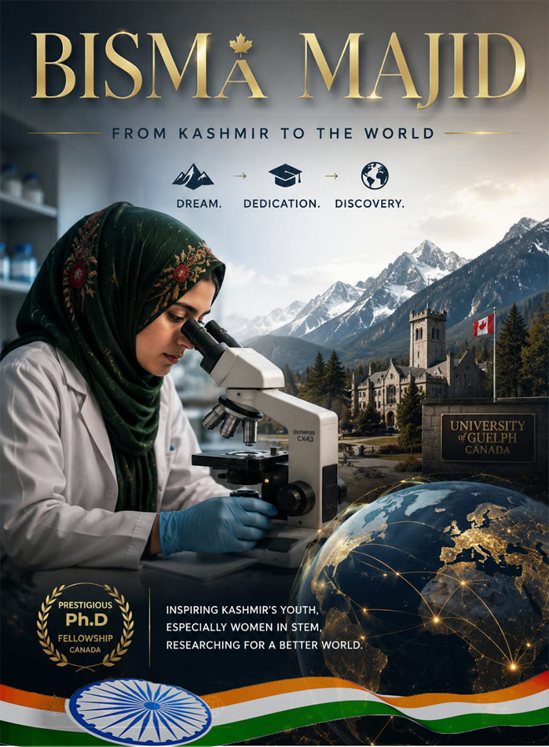 reyhanabegum93's tweet photo. Proud moment for #Kashmir. #BismaMajid from SKUAST-Kashmir secures prestigious PhD Fellowship in Plant Agriculture at University of Guelph, #Canada. From Kashmir classrooms to international excellence.  #KashmirToWorld #EducationEmpowers #aryabhata #RCBvsGT https://t.co/9n3pKLlebH