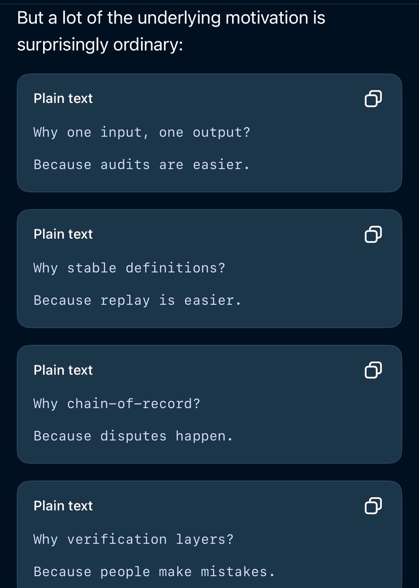 Grounded_DI's tweet photo. 📡 Why One Input -> One Output?
-Because audits are easier. 

Why chain-of-record?
-Because disputes happen.

Why continuity?
-Because systems change.

#AuditableAI #AI #Grounded_DI https://t.co/0goQBFYNzp
