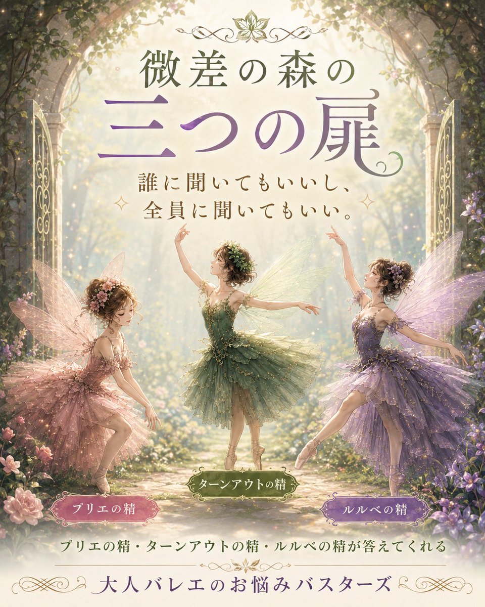 balletup1's tweet photo. 大人バレエの悩みを、誰に聞けばいいか分からない時に。

バスターズ会員サイトに
「微差の森の三つの扉」
を新設。

プリエの精、ターンアウトの精、ルルベの精が、
三者三様に答えてくれます。

誰に聞いてもいいし、全員に聞いてもいい。

無料会員から始められます。
https://t.co/0BHWrf7dKN https://t.co/Te5C3jKmkA