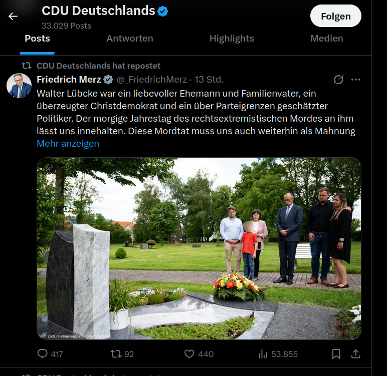 NikithebIocker's tweet photo. Ich bin sicher, es liegt nicht an der Gesinnung des Täter, dass man beim @CDU'ler @M_Ostermann, nichts zum Todestag von Walter Lübcke findet? https://t.co/MjGfRS4x3N
