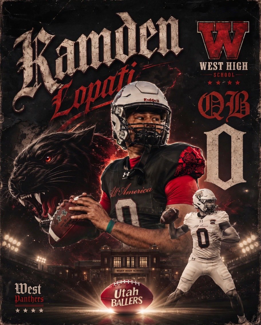 ballersinutah's tweet photo. ⚫️ UTAHBALLERS SPOTLIGHT ⚫️

The SPOTLIGHT series is designed to highlight players with college potential. Every player featured in this series meets the criteria I have for a NEXT LEVEL ✅ prospect at their respective position.

[ PLAYER ] 

• Kamden Lopati

@CowboyKamden 

[ HEIGHT /  WEIGHT ]

• 6’3 - 220

[ SCHOOL ]

• West

@westpanthersfb 

[ CLASS ]

• 2027

[ POSITION ] 

• QB

[COACH] 

• Jr Solovi

The top rate quarterback from the state of Utah represents the Panthers of West High. That QB, Kamden Lopati, has been one of the best players in the state for multiple seasons and has a chance to put up some big time numbers in his senior campaign. Not only that, I believe they have the team to compete for a championship in the 5A classification. The returning members of last years West team has a bad taste in their mouth after coming up short in the championship game. I expect them to attack this season with a chip on their shoulder and I anticipate QB1 will have something to prove.

Lopati has amassed nearly 60 TD’s and 6000 yards passing thus far, while adding almost 1500 additional yards on the ground. He’s an athletic player, a true dual threat, but can win games with his arm. This type of talent has lead to the opportunity for him to continue his playing career at the next level. Kamden recently committed to BIG 10 powerhouse Michigan which is a phenomenal accomplishment. I look forward to watching his final season In high school and can’t wait to see where he takes his career afterward. 

BALLERS ONLY 🔒

@UMichFootball @UMFBCoachWhitt @Coach_Beck7 @CoachPowell99