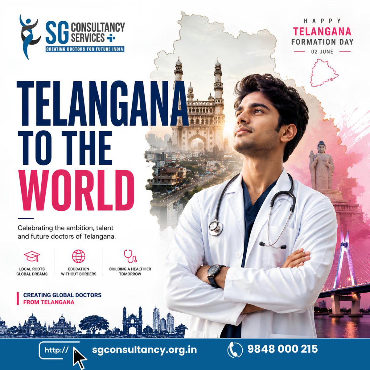 SGconsultancyit's tweet photo. 🌟 Telangana Dreams. Global Success. 🌍🩺

SG Consultancy Services wishes everyone a Happy Telangana Formation Day! 🎉

👨‍⚕️ Creating Doctors for Future India

🌐 https://t.co/aXAtizOlqP
📞 98480 00215

#TelanganaFormationDay #Telangana #SGConsultancy #MBBSAbroad #FutureDoctors https://t.co/6cg12wwx7t