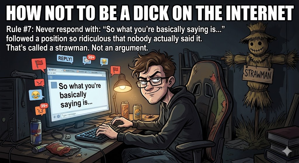 AndyMM_0's tweet photo. The Right Way: Engage with their actual point. If you aren't sure what they mean, ask for clarification instead of inventing an absurd caricature just to score easy internet points. https://t.co/YjD45S0tY9