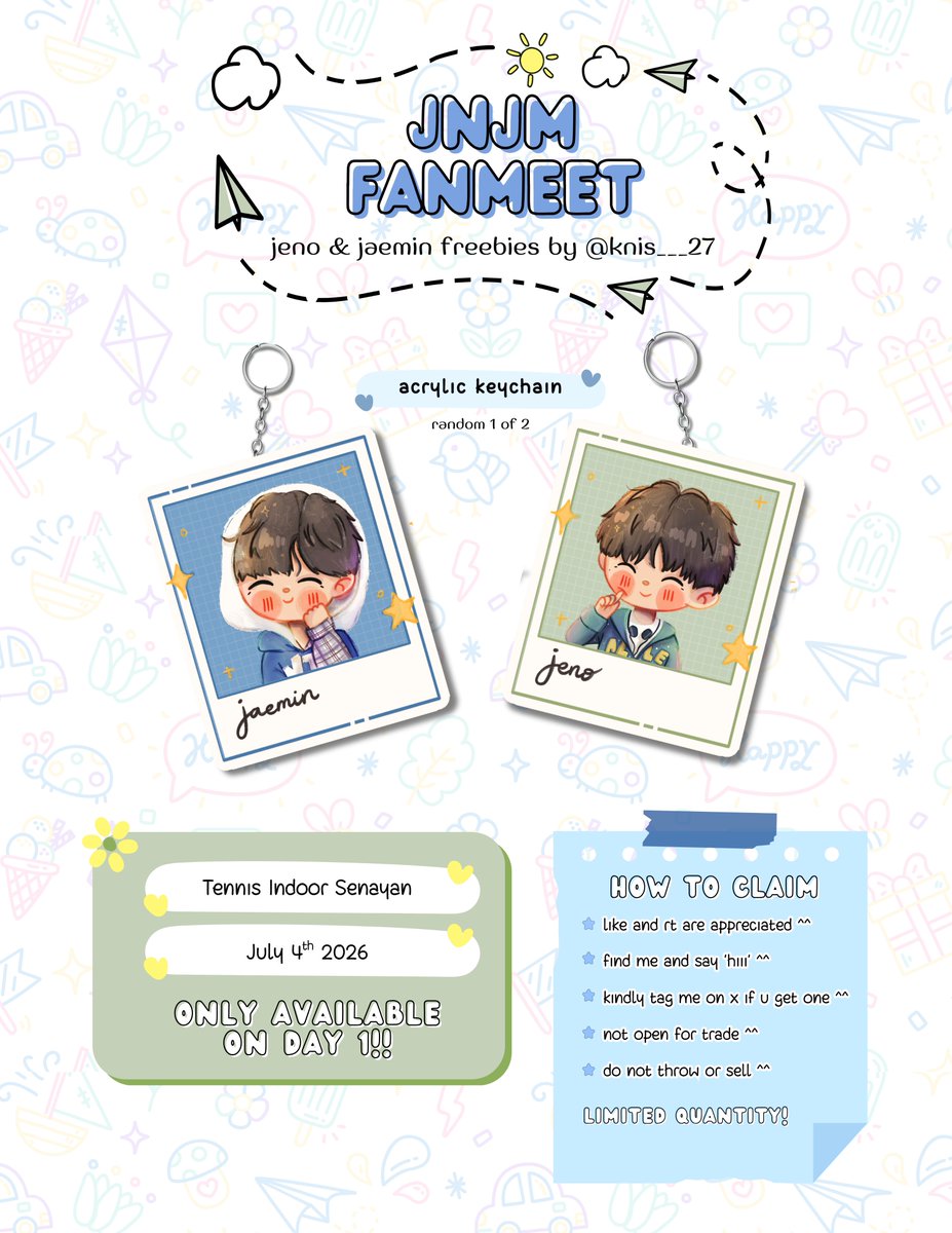 knis___27's tweet photo. JNJM Fanmeet [Duality] ⭐️⭐️
Jeno &amp; Jaemin freebies by @knis___27

📌 Tennis Indoor Senayan
🗓 July 4th 2026

see you ^^

p.s : you do not have to follow this acc, just a like &amp; rt is fine (* ´ ▽ ` *) https://t.co/N7PJyUN2gN