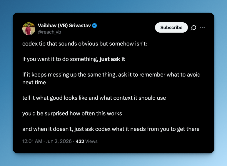 liewcf's tweet photo. Simple tips to get more out of your AI agent:

1. Ask it to do the work.
2. Have it remember and apply past lessons.
3. Give examples of the desired outcome.
4. Ask what context, access, or information it needs. https://t.co/J1Mp83haiU