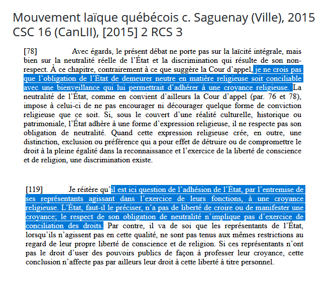 Mug33k's tweet photo. La notion de prosélytisme n'est plus un critère afin de déterminer s'il y a violation de la neutralité religieuse.

C'est la discrimination, qui inclut l'expression d'une préférence, même si celle-ci est purement apparente.

La neutralité bienveillante est morte et enterrée. https://t.co/aUJitBD8oO