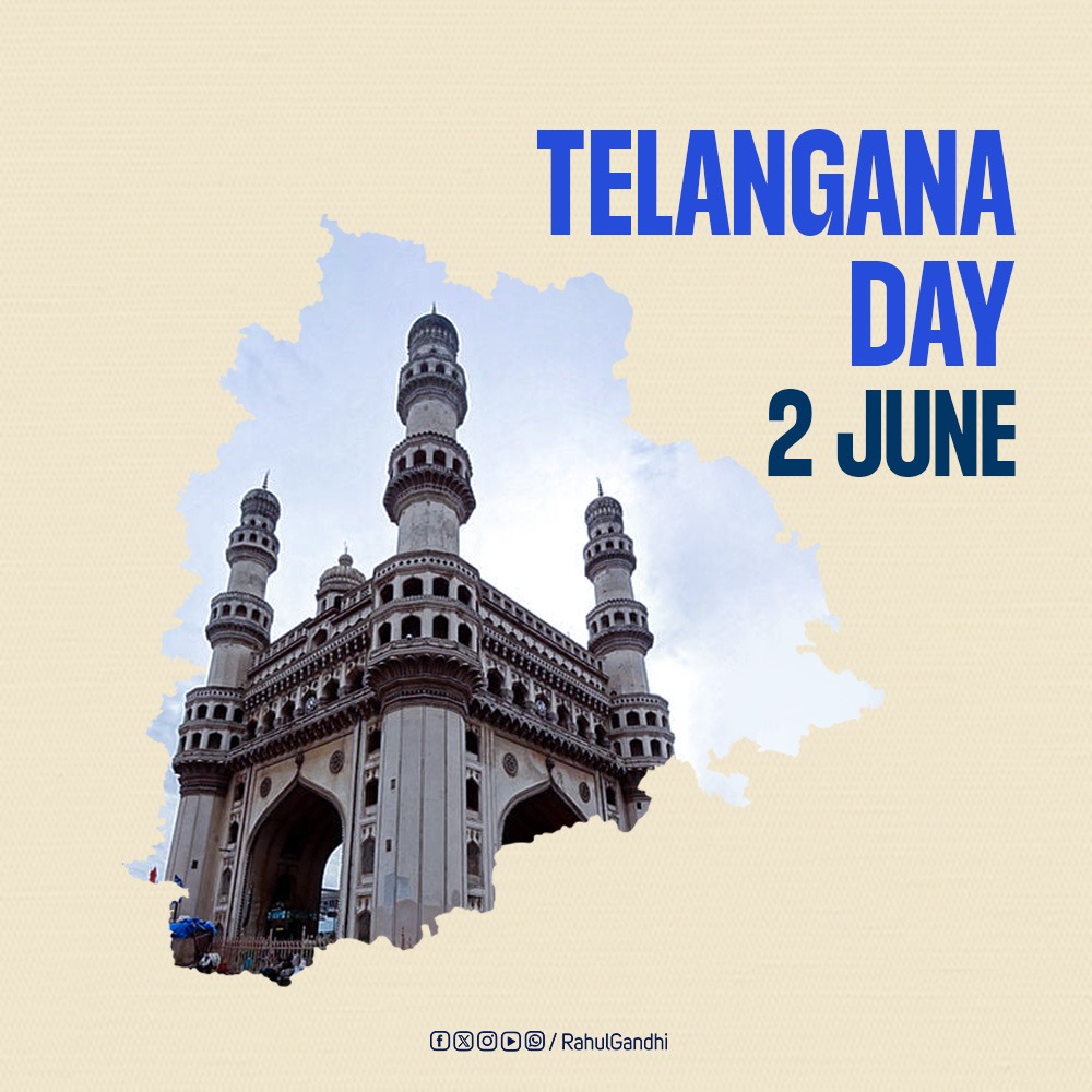 RahulGandhi's tweet photo. Warm greetings to the people of Telangana on their Formation Day.

Telangana is the struggle and sacrifice of lakhs of people. Today we remember every individual who gave their life for the Telangana of their dreams.

The Congress government today carries forward that legacy with social justice, equal opportunity, and the dignity of every person of Telangana.