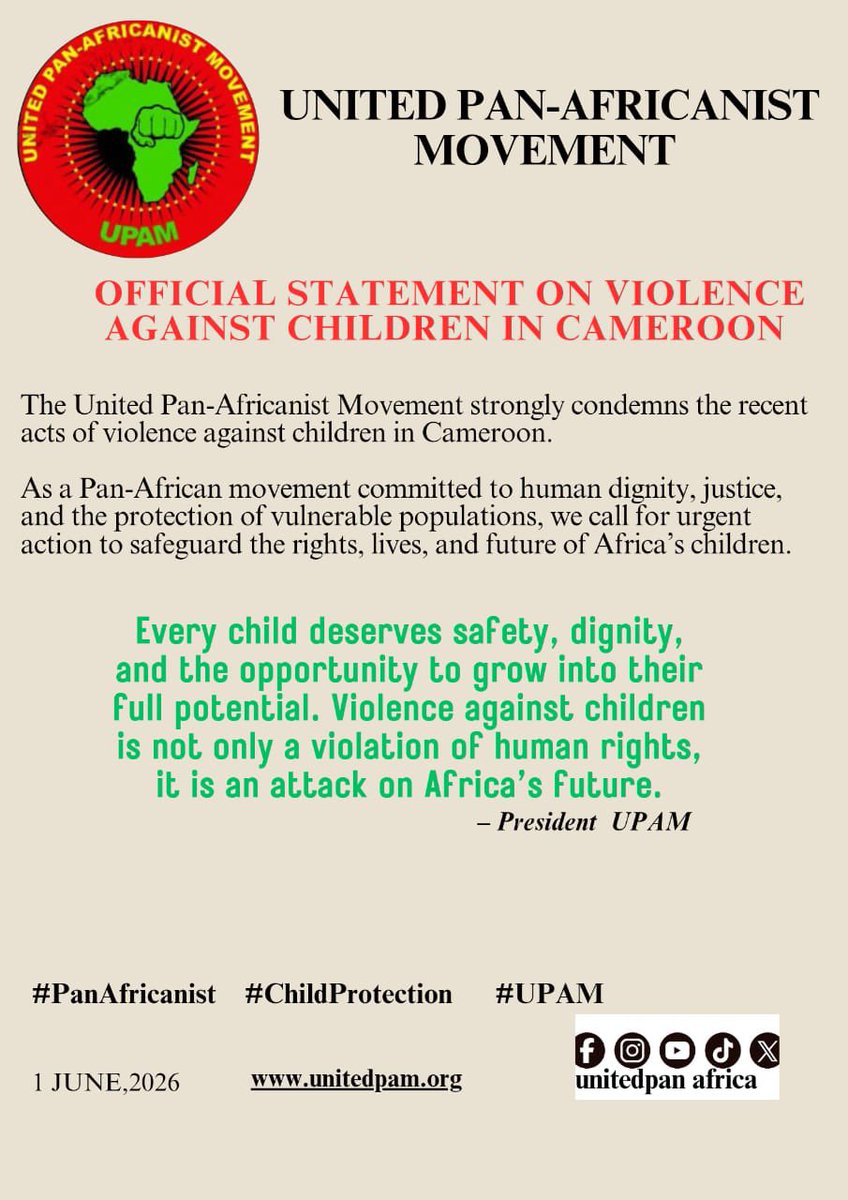 UPAM_Official's tweet photo. UPAM Global strongly condemns the rising violence against children in Cameroon. Every child deserves safety, dignity, and protection. We call for urgent action, accountability, and justice for all victims. Africa’s children must be protected. #ProtectOurChildren #Cameroon #UPAM https://t.co/3Ks50LT4yW