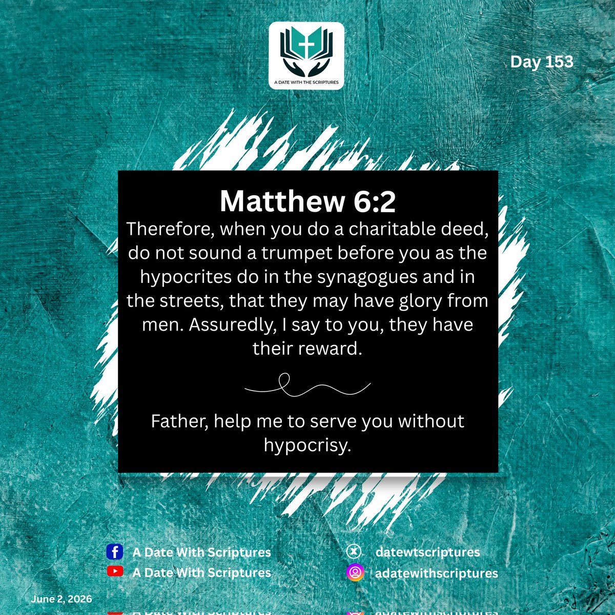 datewtscripture's tweet photo. God's Word for You Today (2/6)
Declaration/Prayer
Father, help me to serve You without hypocrisy.
Don't forget to follow us on all social media platforms and share today's Scriptures with your friends and family.
God bless you ๐
#dailyscripture #adatewiththescripture #adwts https://t.co/ETCUAWTYez