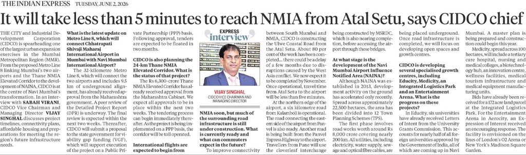 VIJAY_SINGHAL30's tweet photo. Honoured to see CIDCO’s vision for Navi Mumbai’s future featured in today’s interview with The Indian Express.

As highlighted, the upcoming connectivity infrastructure will significantly transform regional mobility — with travel time from Atal Setu to https://t.co/l1mh8a2b2v