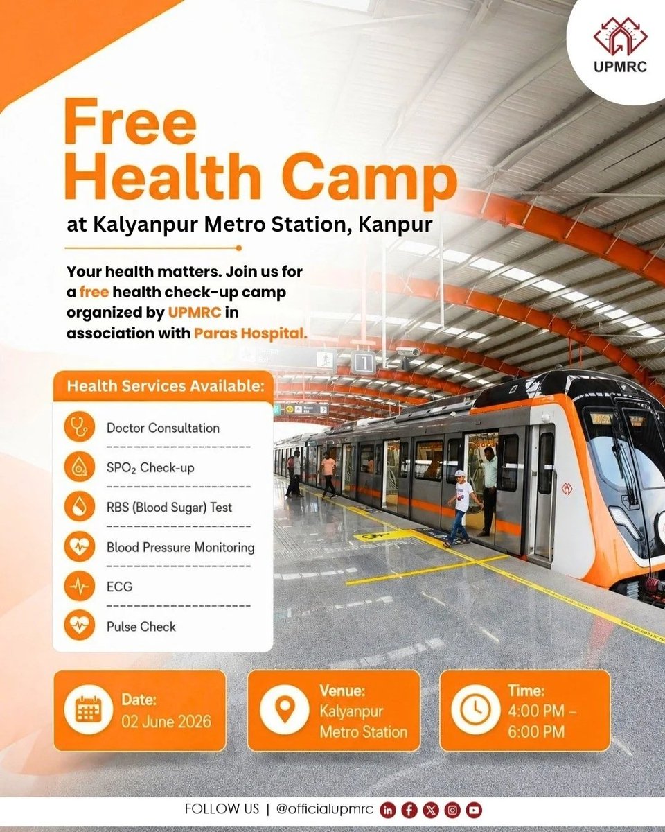 OfficialUPMetro's tweet photo. UPMRC, in association with Paras Hospital, brings a Health Check-up Camp at Kalyanpur Metro Station.
Take a few minutes for your health while you travel!
#KanpurMetro #UPMRC #HealthAwareness #CommunityWellness #kanpurcity https://t.co/m4xOZ2brca