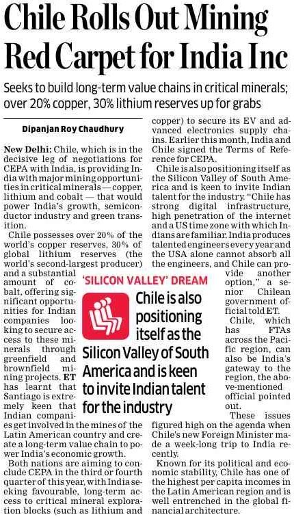 AndesResources's tweet photo. Chile, which is in the decisive leg of negotiations for CEPA with India, is providing India with major #Mining opportunities in #CriticalMinerals copper, lithium and cobalt - that would power India's growth, semiconductor industry and green transition.

#Copper #Lithium #Cobalt https://t.co/RVE61Ao7Pz
