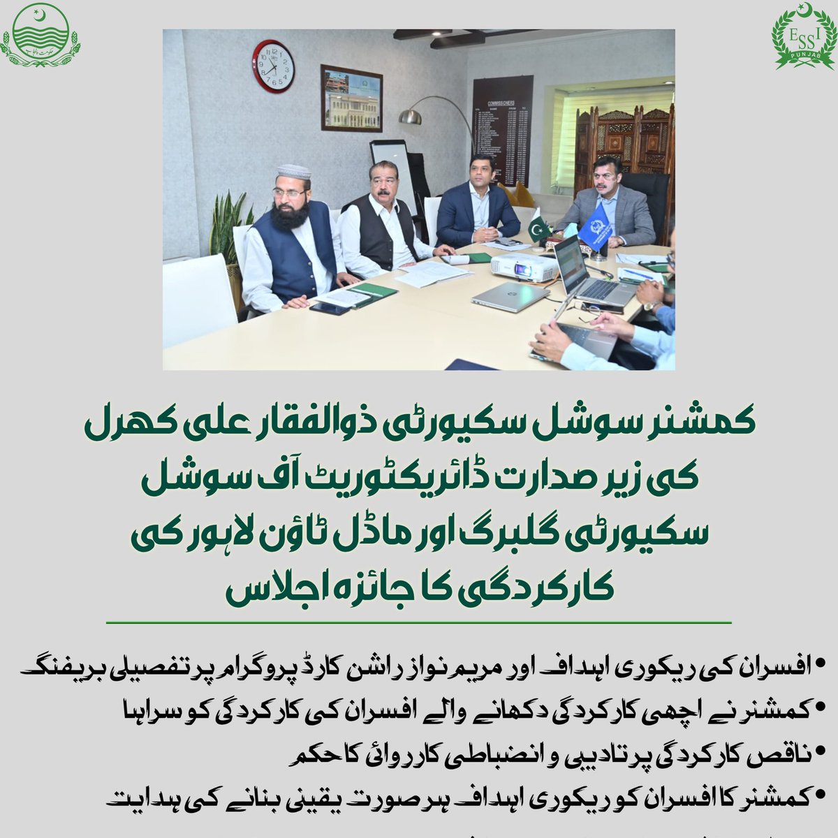 PESSIPunjab's tweet photo. کمشنر پنجاب سوشل سکیورٹی ذوالفقار علی کھرل کی زیر صدارت ڈائریکٹوریٹ آف سوشل سکیورٹی گلبرگ اور ماڈل ٹاؤن لاہور کی کارکردگی کا جائزہ اجلاس منعقد ہوا۔
اجلاس میں افسران نے ریکوری اہداف اور مریم نواز راشن کارڈ پروگرام پر تفصیلی بریفنگ دی۔ کمشنر پنجاب سوشل سکیورٹی نے اچھی کارکردگی https://t.co/rVrNwRuqxS