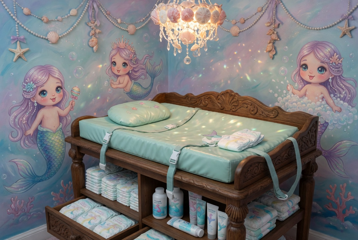 DadIsWriting_'s tweet photo. Babies: What does it feel like when Daddy lays you down on that thick, padded changing table in your mermaid nursery, and you stare up at those adorable, wide-eyed mermaids smiling down at you while he buckles the straps and tapes your fresh, crinkling diaper nice and tight?
Caregivers: How do you design or theme a changing station that turns every single diaper change into pure, deep regression?
That soft sea-foam glow, the aquatic sparkle of the room, and all those sweet little mermaids watching over you… it makes everything else melt away 🍼🐚🌊